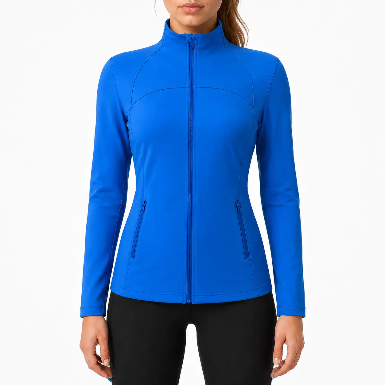 Women's Slim Fit Full-Zip Jacket - Long Sleeve Yoga Top with Four Pockets for Activewear and Running