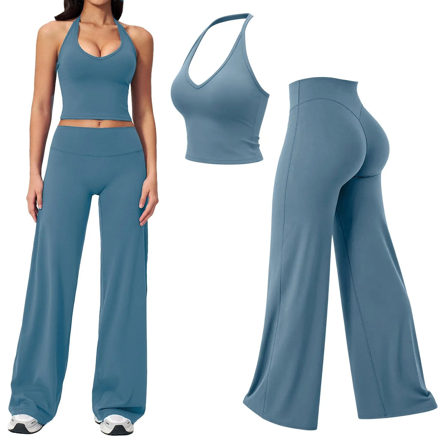 RICH BRIA SOFTMOTION Sports Set, Strappy Tank Top & Wide Leg Pants, Short Sleeve Crop Top , Yoga Sports Vest Workout Tops, Womens Fitness Activewear Gym Fashion Outdoor Gymwear Comfort Straight Leg Yoga Pants Matching Set