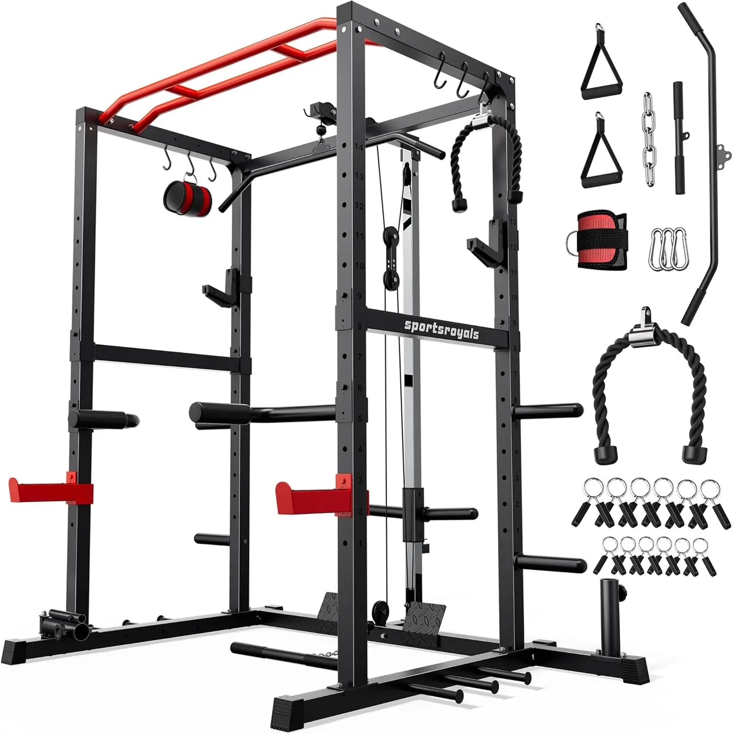 FED FITNESS Power Rack, Multi-Functional Power Cage Only, Squat Rack with Pulley System & LAT Pull Down, Workout Cage with J Hooks for Home Gym, Red or Blue