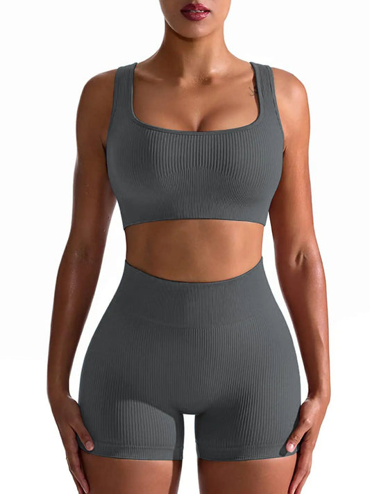 Two-Piece Set Women'S Solid Ribbed Crop Tank Top & High Waist Shorts Sports Set, Sporty Casual Breathable Comfortable Two-Piece for Yoga Gym Workout Running, Ladies Sportswear for All Seasons, Gym Yoga Outfit Sporty Plain
