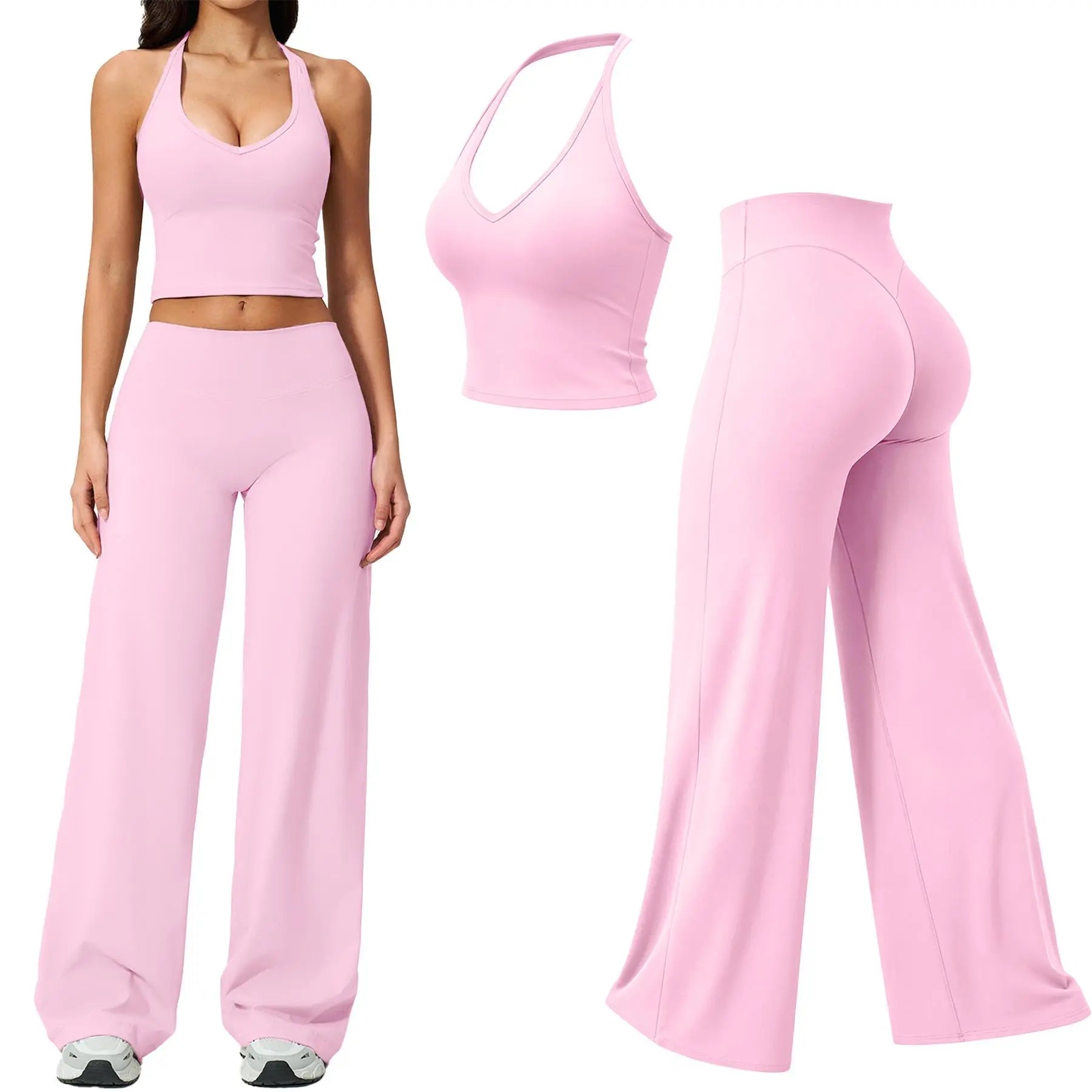 RICH BRIA SOFTMOTION Sports Set, Strappy Tank Top & Wide Leg Pants, Short Sleeve Crop Top , Yoga Sports Vest Workout Tops, Womens Fitness Activewear Gym Fashion Outdoor Gymwear Comfort Straight Leg Yoga Pants Matching Set