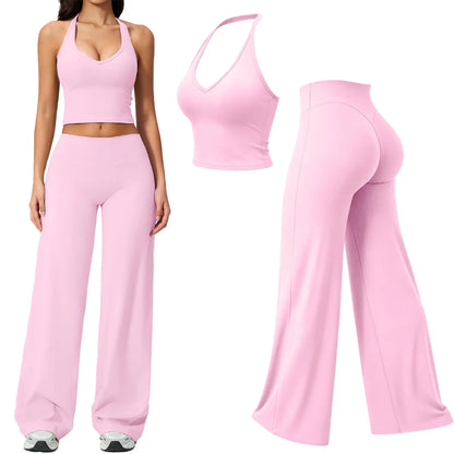 RICH BRIA SOFTMOTION Sports Set, Strappy Tank Top & Wide Leg Pants, Short Sleeve Crop Top , Yoga Sports Vest Workout Tops, Womens Fitness Activewear Gym Fashion Outdoor Gymwear Comfort Straight Leg Yoga Pants Matching Set