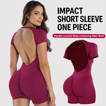 DEEFY [REGULAR LENGTH] Impact Short Sleeve One Piece Women'S Seamless Workout Unitard Tummy Control Butt Lifting Short Sleeve Yoga Romper