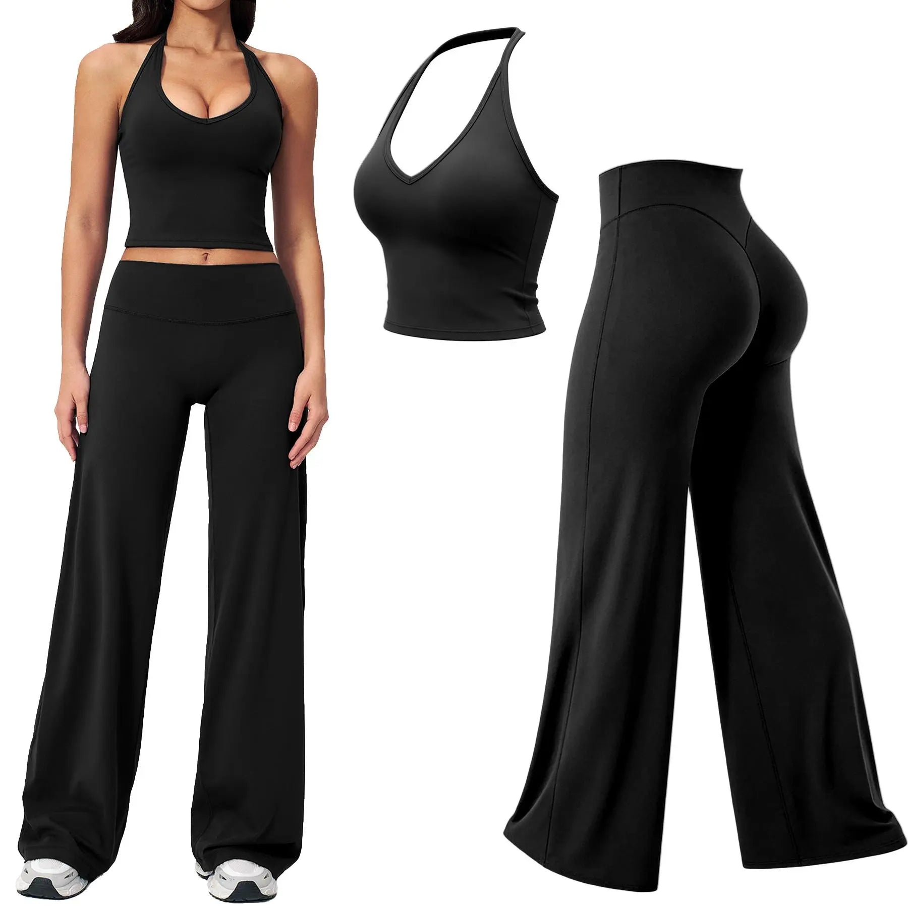 RICH BRIA SOFTMOTION Sports Set, Strappy Tank Top & Wide Leg Pants, Short Sleeve Crop Top , Yoga Sports Vest Workout Tops, Womens Fitness Activewear Gym Fashion Outdoor Gymwear Comfort Straight Leg Yoga Pants Matching Set