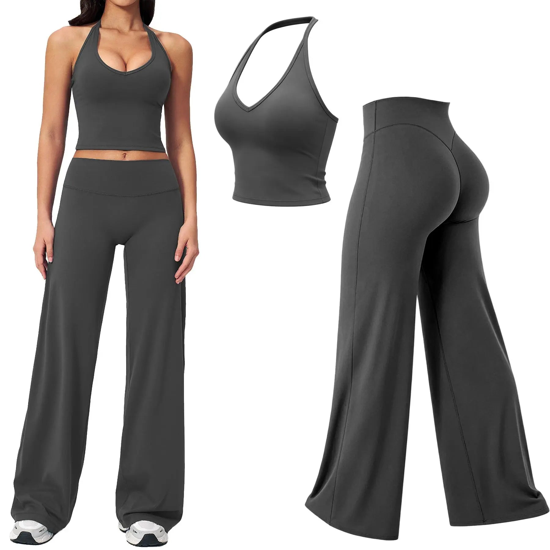 RICH BRIA SOFTMOTION Sports Set, Strappy Tank Top & Wide Leg Pants, Short Sleeve Crop Top , Yoga Sports Vest Workout Tops, Womens Fitness Activewear Gym Fashion Outdoor Gymwear Comfort Straight Leg Yoga Pants Matching Set