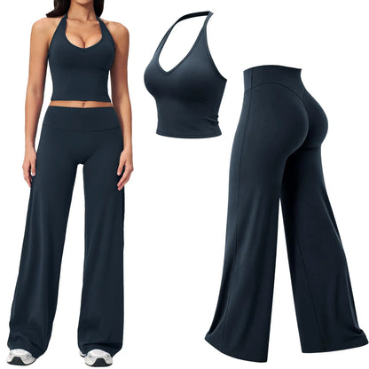 RICH BRIA SOFTMOTION Sports Set, Strappy Tank Top & Wide Leg Pants, Short Sleeve Crop Top , Yoga Sports Vest Workout Tops, Womens Fitness Activewear Gym Fashion Outdoor Gymwear Comfort Straight Leg Yoga Pants Matching Set