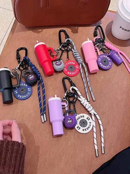 Personalized Fitness-Themed Pendant with Mini Cup Barbell Plate and Woven Lanyard, Stylish Keychain for Couples and Sports Enthusiasts, Ideal Accessory for Travel and Daily Wear