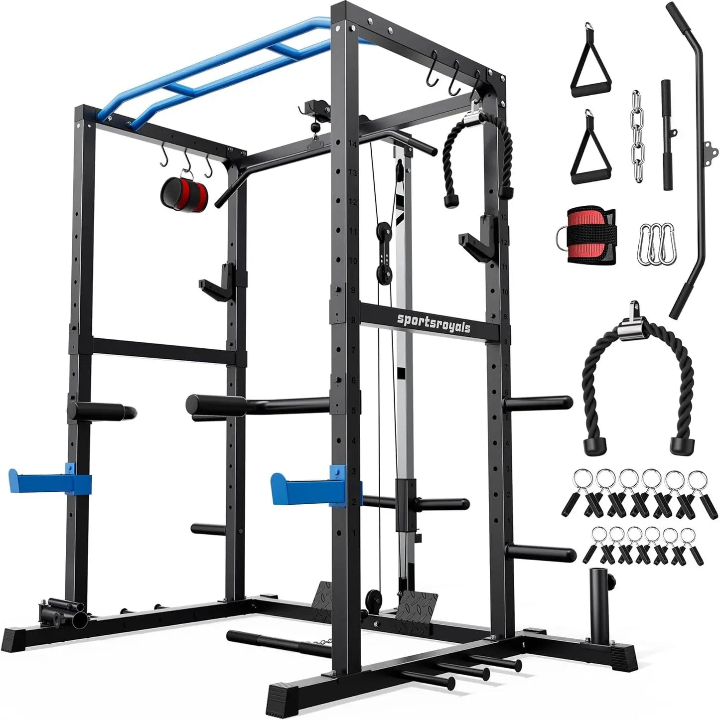 FED FITNESS Power Rack, Multi-Functional Power Cage Only, Squat Rack with Pulley System & LAT Pull Down, Workout Cage with J Hooks for Home Gym, Red or Blue