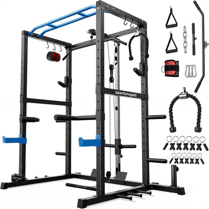 FED FITNESS Power Rack, Multi-Functional Power Cage Only, Squat Rack with Pulley System & LAT Pull Down, Workout Cage with J Hooks for Home Gym, Red or Blue