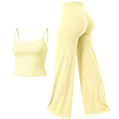 RICH BRIA SOFTMOTION Sports Set, Strappy Tank Top & Wide Leg Pants, Short Sleeve Crop Top , Yoga Sports Vest Workout Tops, Womens Fitness Activewear Gym Fashion Outdoor Gymwear Comfort Straight Leg Yoga Pants Matching Set