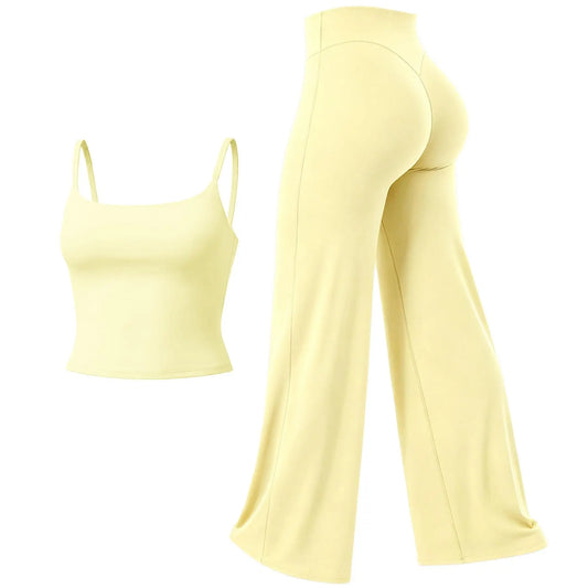 RICH BRIA SOFTMOTION Sports Set, Strappy Tank Top & Wide Leg Pants, Short Sleeve Crop Top , Yoga Sports Vest Workout Tops, Womens Fitness Activewear Gym Fashion Outdoor Gymwear Comfort Straight Leg Yoga Pants Matching Set
