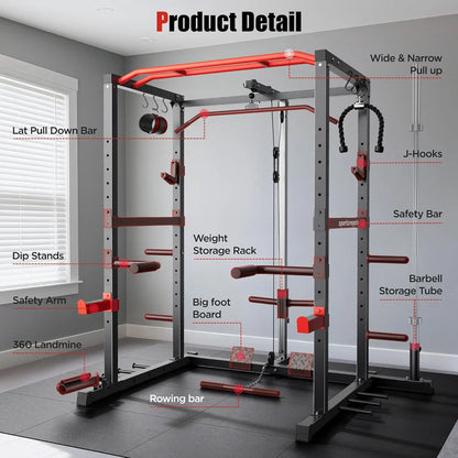 FED FITNESS Power Rack, Multi-Functional Power Cage Only, Squat Rack with Pulley System & LAT Pull Down, Workout Cage with J Hooks for Home Gym, Red or Blue