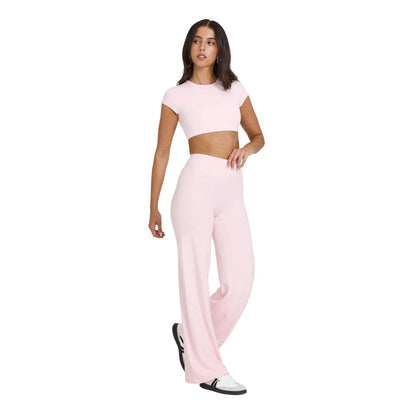 RICH BRIA SOFTMOTION Sports Set, Strappy Tank Top & Wide Leg Pants, Short Sleeve Crop Top , Yoga Sports Vest Workout Tops, Womens Fitness Activewear Gym Fashion Outdoor Gymwear Comfort Straight Leg Yoga Pants Matching Set