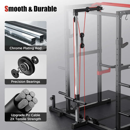 FED FITNESS Power Rack, Multi-Functional Power Cage Only, Squat Rack with Pulley System & LAT Pull Down, Workout Cage with J Hooks for Home Gym, Red or Blue