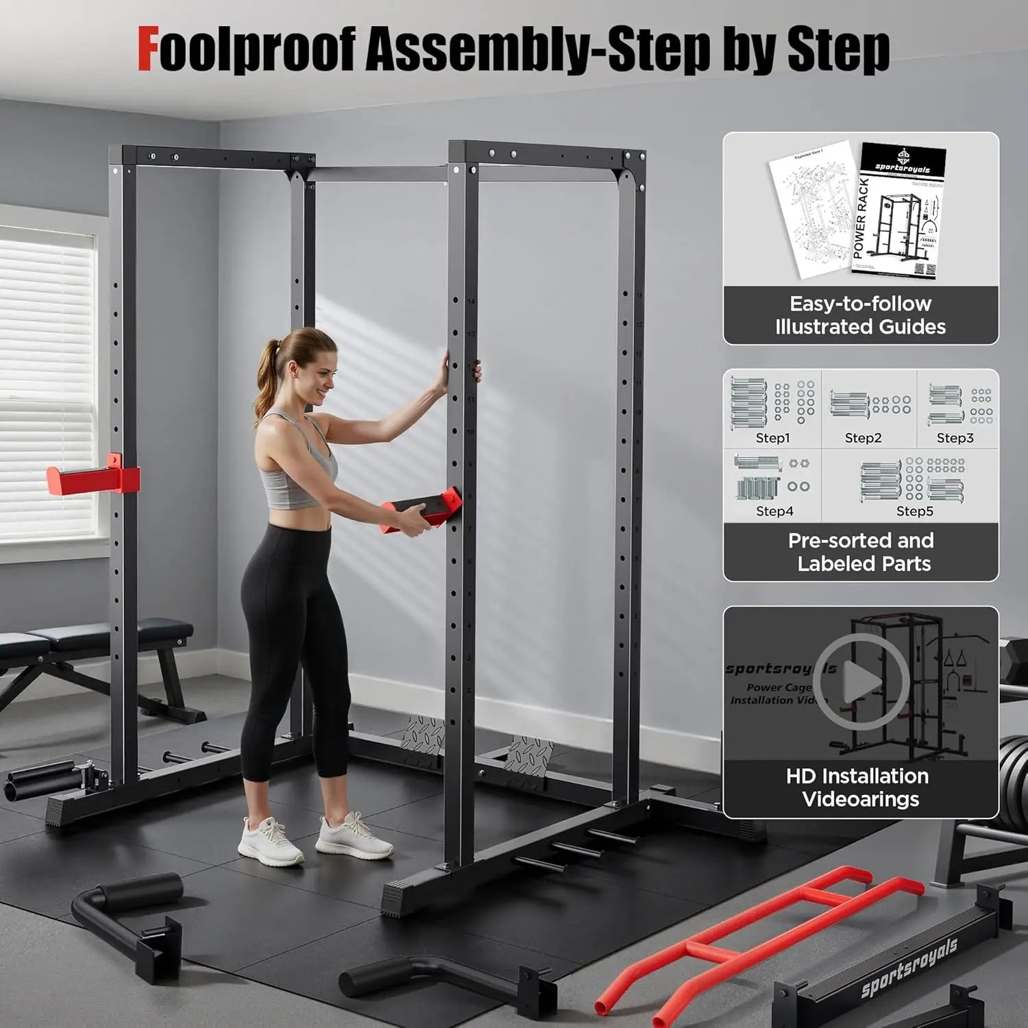 FED FITNESS Power Rack, Multi-Functional Power Cage Only, Squat Rack with Pulley System & LAT Pull Down, Workout Cage with J Hooks for Home Gym, Red or Blue