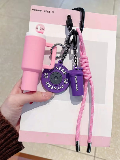 Personalized Fitness-Themed Pendant with Mini Cup Barbell Plate and Woven Lanyard, Stylish Keychain for Couples and Sports Enthusiasts, Ideal Accessory for Travel and Daily Wear