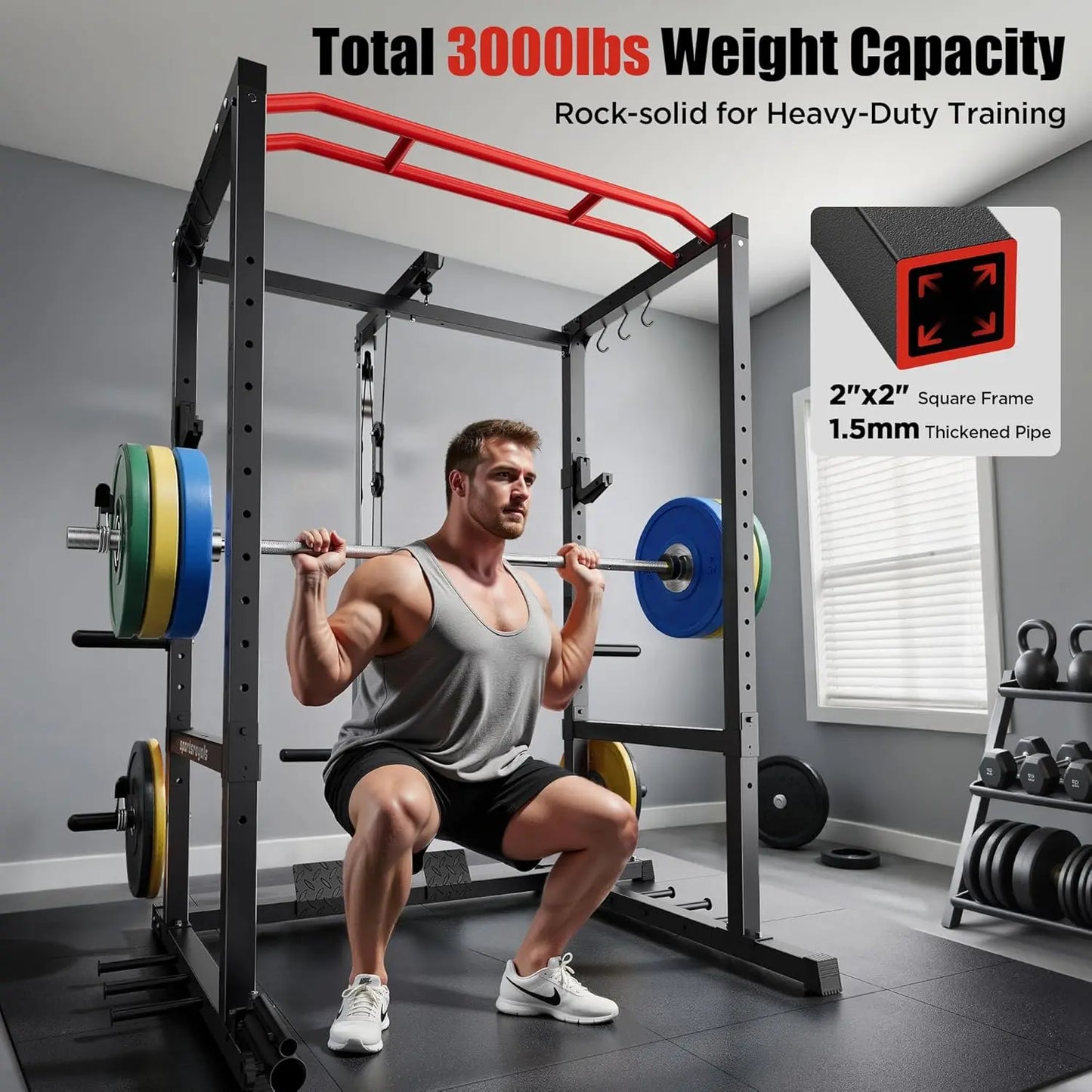 FED FITNESS Power Rack, Multi-Functional Power Cage Only, Squat Rack with Pulley System & LAT Pull Down, Workout Cage with J Hooks for Home Gym, Red or Blue
