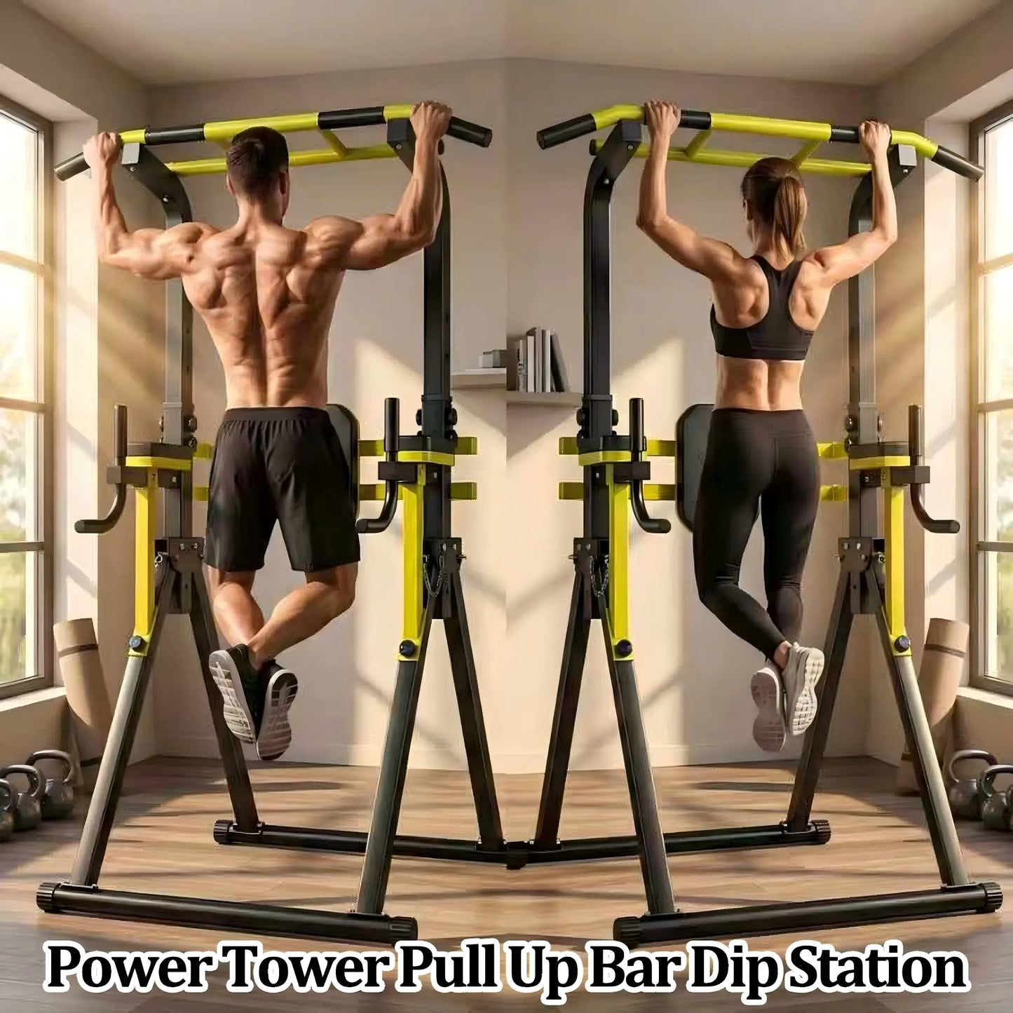 【Saveyour】Power Tower Pull up Bar Station, 10-Level Adjustable Height Dip Station, Heavy-Duty Foldable Home Gym Strength Training Equipment with 440 Lbs Load Capacity, Multi-Functional Workout Machines