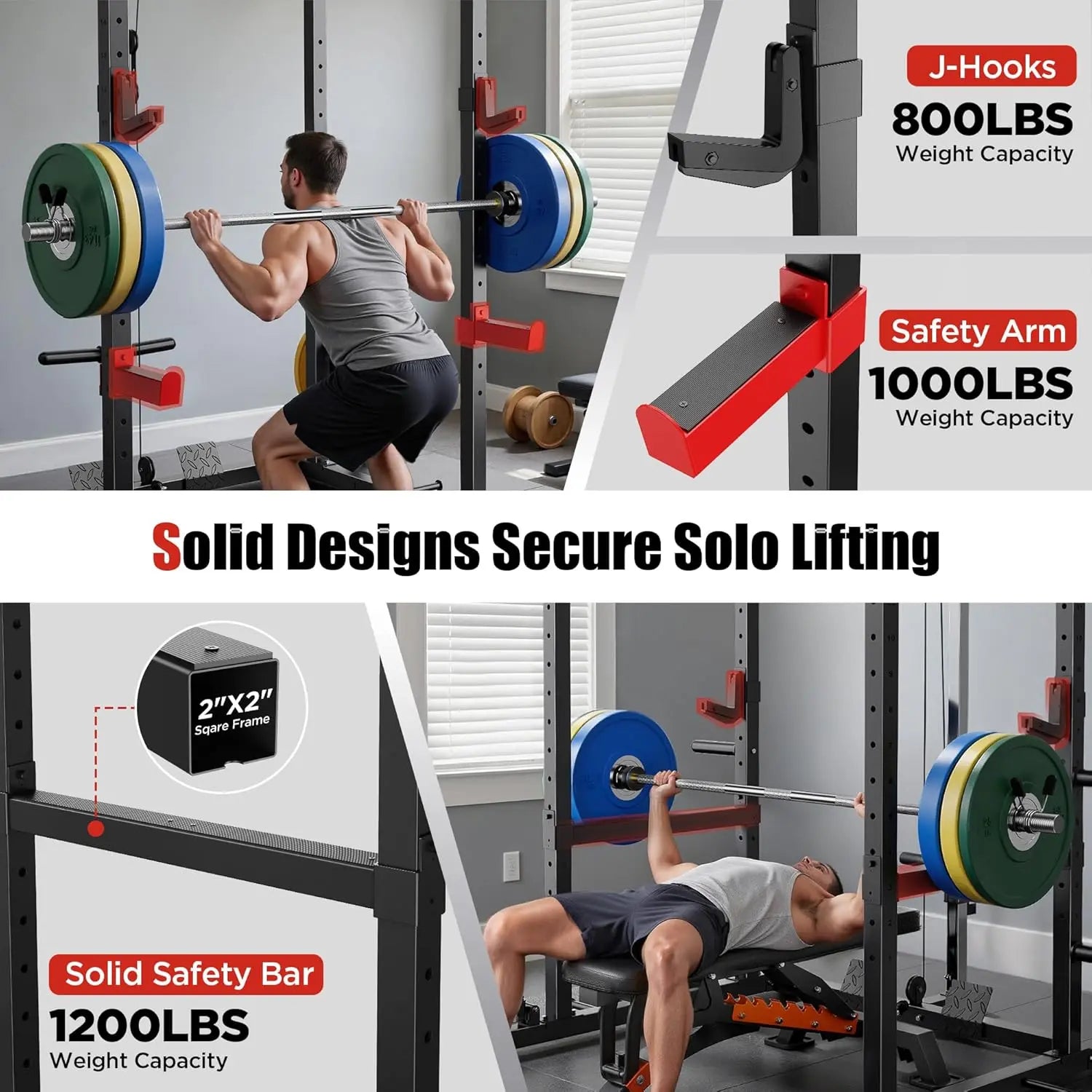 FED FITNESS Power Rack, Multi-Functional Power Cage Only, Squat Rack with Pulley System & LAT Pull Down, Workout Cage with J Hooks for Home Gym, Red or Blue