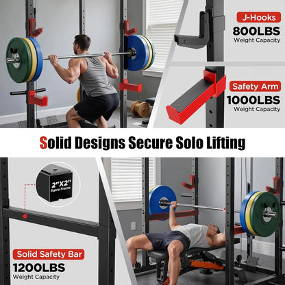 FED FITNESS Power Rack, Multi-Functional Power Cage Only, Squat Rack with Pulley System & LAT Pull Down, Workout Cage with J Hooks for Home Gym, Red or Blue