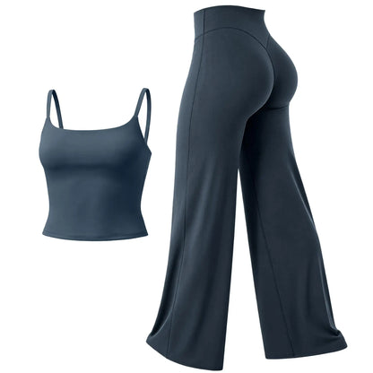 RICH BRIA SOFTMOTION Sports Set, Strappy Tank Top & Wide Leg Pants, Short Sleeve Crop Top , Yoga Sports Vest Workout Tops, Womens Fitness Activewear Gym Fashion Outdoor Gymwear Comfort Straight Leg Yoga Pants Matching Set
