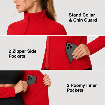 Women's Slim Fit Full-Zip Jacket - Long Sleeve Yoga Top with Four Pockets for Activewear and Running