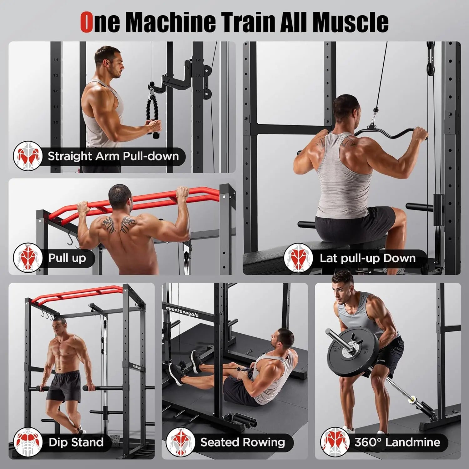 FED FITNESS Power Rack, Multi-Functional Power Cage Only, Squat Rack with Pulley System & LAT Pull Down, Workout Cage with J Hooks for Home Gym, Red or Blue