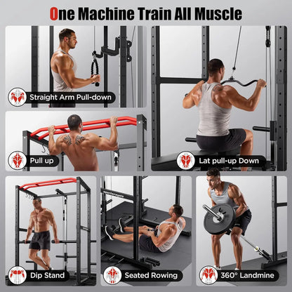 FED FITNESS Power Rack, Multi-Functional Power Cage Only, Squat Rack with Pulley System & LAT Pull Down, Workout Cage with J Hooks for Home Gym, Red or Blue