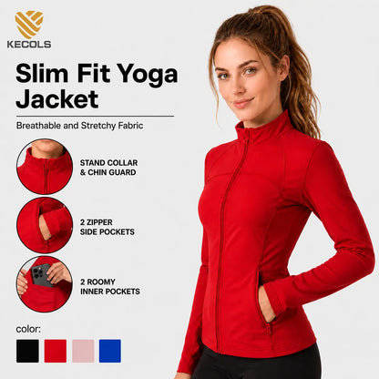 Women's Slim Fit Full-Zip Jacket - Long Sleeve Yoga Top with Four Pockets for Activewear and Running