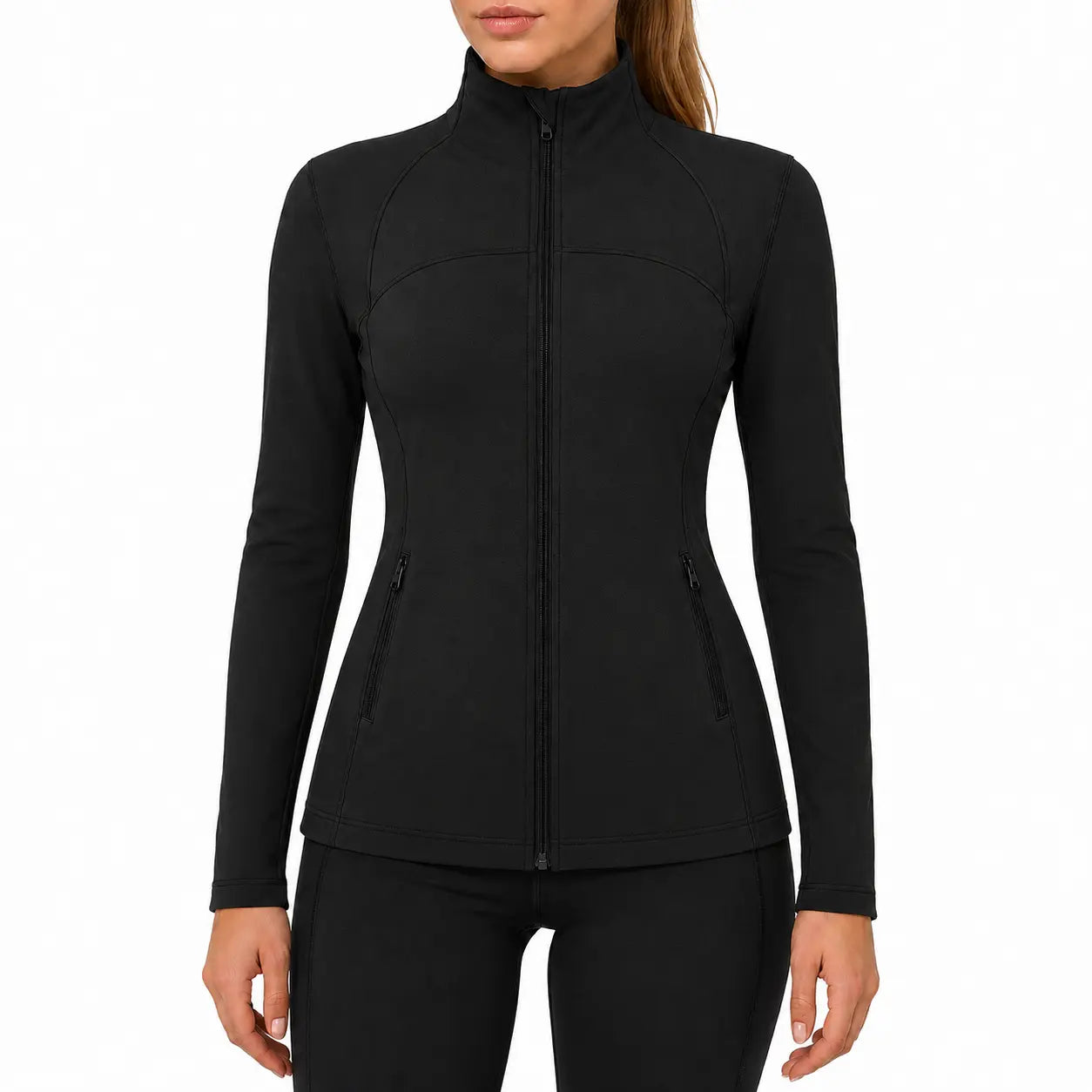 Women's Slim Fit Full-Zip Jacket - Long Sleeve Yoga Top with Four Pockets for Activewear and Running
