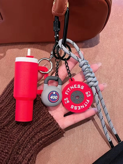 Personalized Fitness-Themed Pendant with Mini Cup Barbell Plate and Woven Lanyard, Stylish Keychain for Couples and Sports Enthusiasts, Ideal Accessory for Travel and Daily Wear