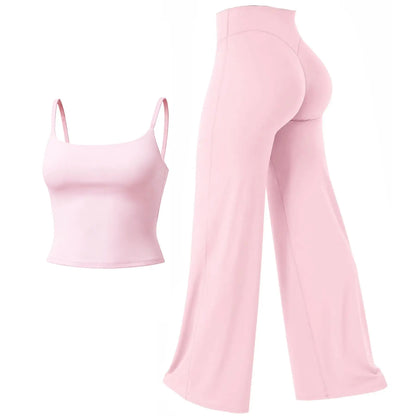 RICH BRIA SOFTMOTION Sports Set, Strappy Tank Top & Wide Leg Pants, Short Sleeve Crop Top , Yoga Sports Vest Workout Tops, Womens Fitness Activewear Gym Fashion Outdoor Gymwear Comfort Straight Leg Yoga Pants Matching Set