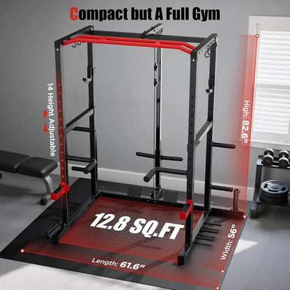 FED FITNESS Power Rack, Multi-Functional Power Cage Only, Squat Rack with Pulley System & LAT Pull Down, Workout Cage with J Hooks for Home Gym, Red or Blue