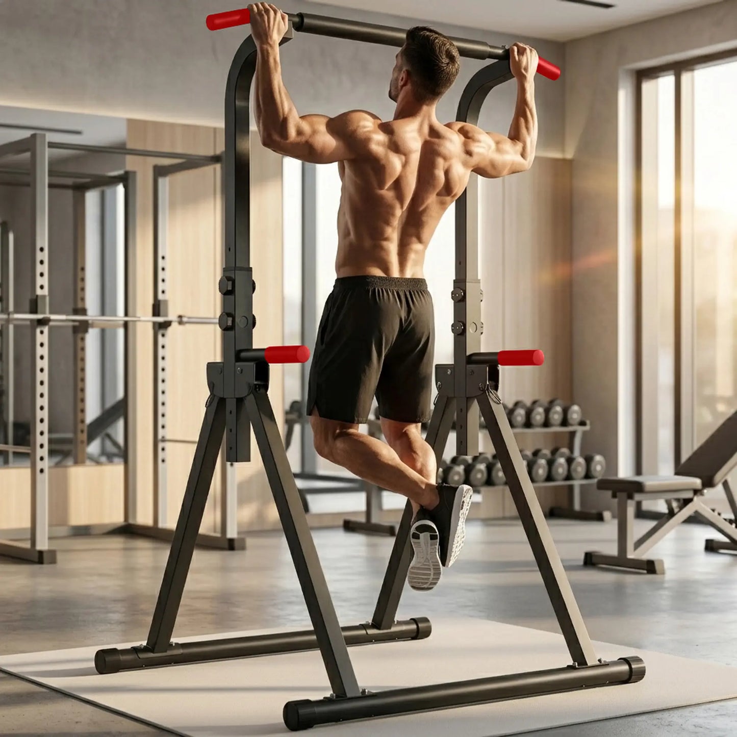 【Saveyour】Power Tower Pull up Bar Station, 10-Level Adjustable Height Dip Station, Heavy-Duty Foldable Home Gym Strength Training Equipment with 440 Lbs Load Capacity, Multi-Functional Workout Machines