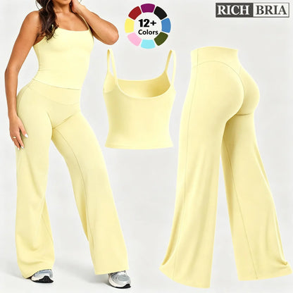 RICH BRIA SOFTMOTION Sports Set, Strappy Tank Top & Wide Leg Pants, Short Sleeve Crop Top , Yoga Sports Vest Workout Tops, Womens Fitness Activewear Gym Fashion Outdoor Gymwear Comfort Straight Leg Yoga Pants Matching Set