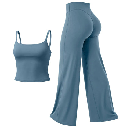 RICH BRIA SOFTMOTION Sports Set, Strappy Tank Top & Wide Leg Pants, Short Sleeve Crop Top , Yoga Sports Vest Workout Tops, Womens Fitness Activewear Gym Fashion Outdoor Gymwear Comfort Straight Leg Yoga Pants Matching Set
