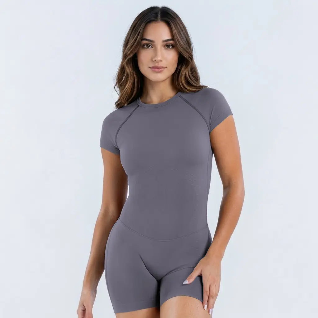 DEEFY [REGULAR LENGTH] Impact Short Sleeve One Piece Women'S Seamless Workout Unitard Tummy Control Butt Lifting Short Sleeve Yoga Romper