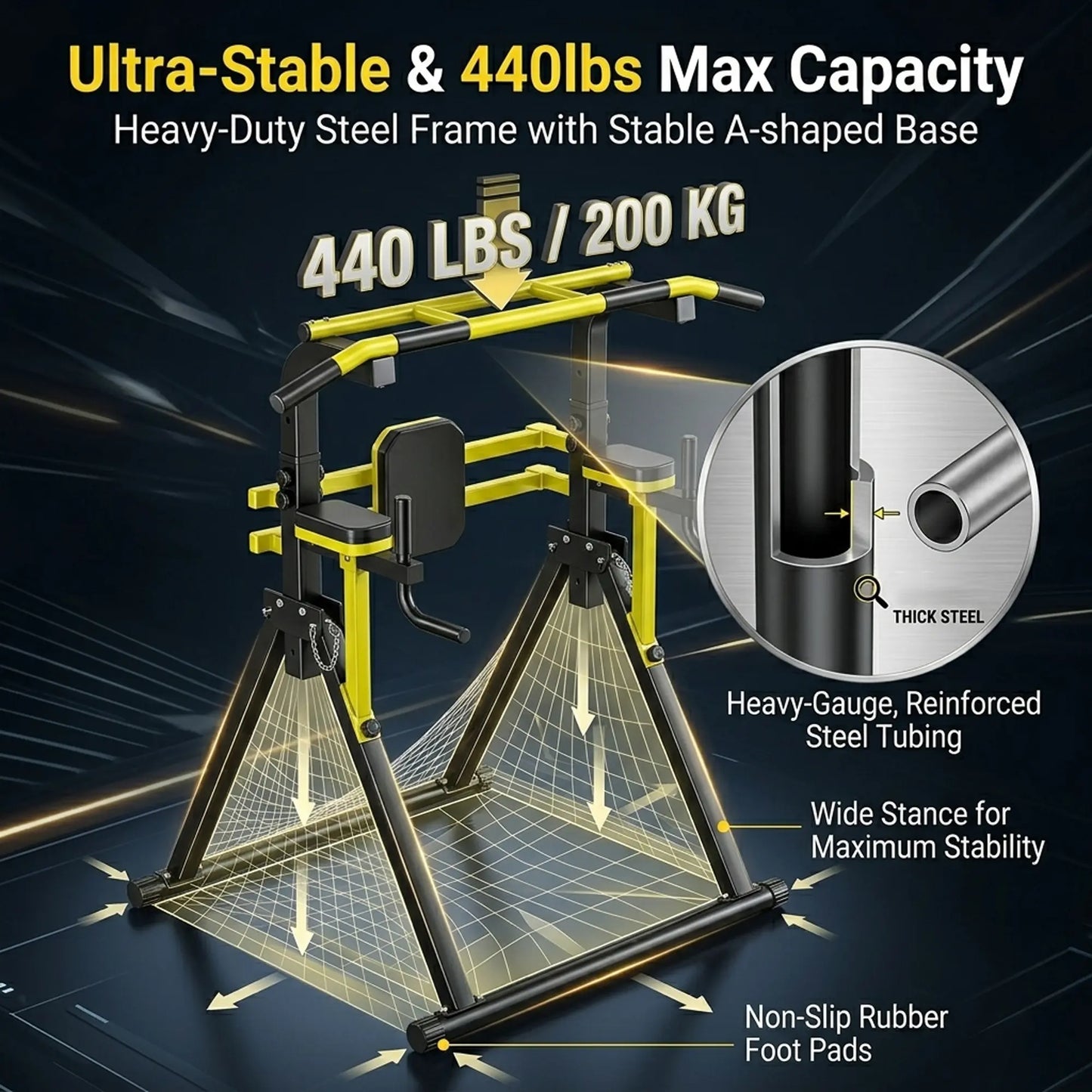 【Saveyour】Power Tower Pull up Bar Station, 10-Level Adjustable Height Dip Station, Heavy-Duty Foldable Home Gym Strength Training Equipment with 440 Lbs Load Capacity, Multi-Functional Workout Machines
