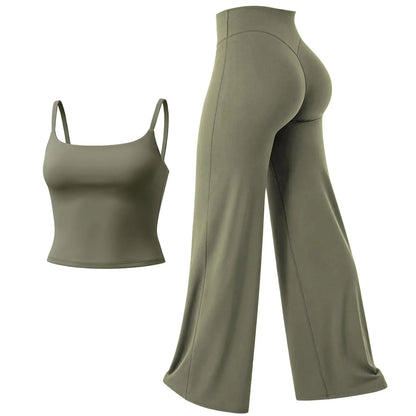 RICH BRIA SOFTMOTION Sports Set, Strappy Tank Top & Wide Leg Pants, Short Sleeve Crop Top , Yoga Sports Vest Workout Tops, Womens Fitness Activewear Gym Fashion Outdoor Gymwear Comfort Straight Leg Yoga Pants Matching Set