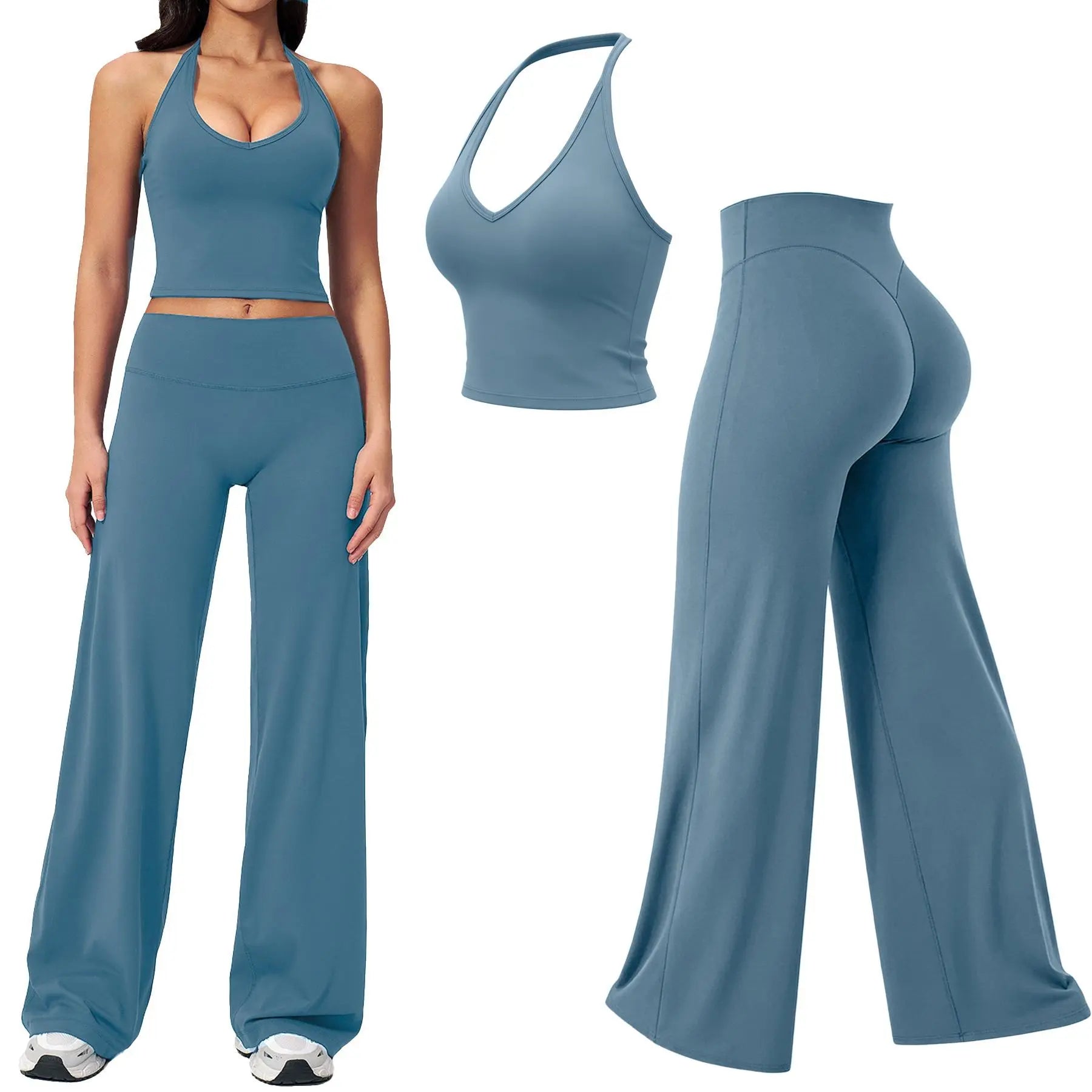 RICH BRIA SOFTMOTION Sports Set, Strappy Tank Top & Wide Leg Pants, Short Sleeve Crop Top , Yoga Sports Vest Workout Tops, Womens Fitness Activewear Gym Fashion Outdoor Gymwear Comfort Straight Leg Yoga Pants Matching Set