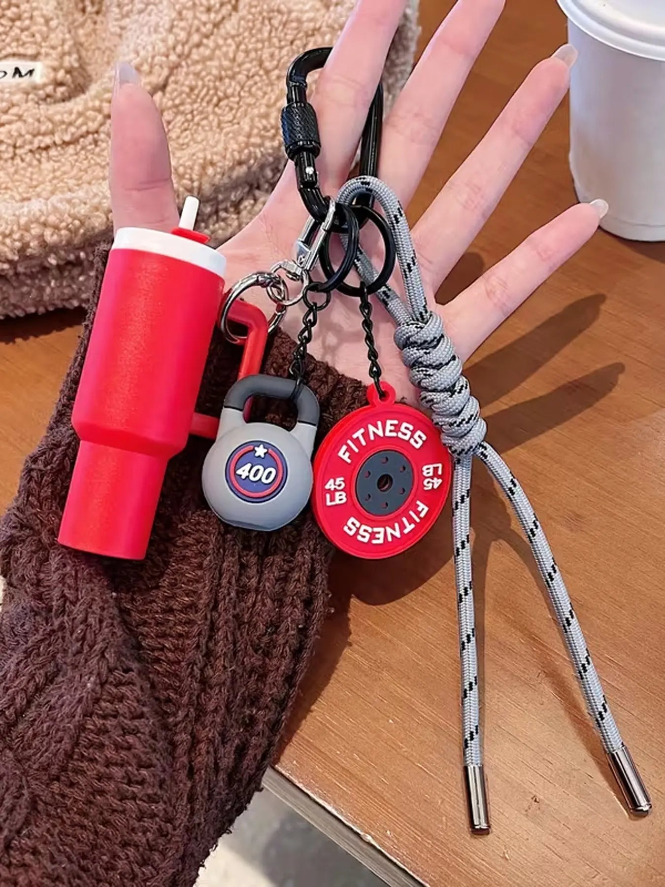 Personalized Fitness-Themed Pendant with Mini Cup Barbell Plate and Woven Lanyard, Stylish Keychain for Couples and Sports Enthusiasts, Ideal Accessory for Travel and Daily Wear